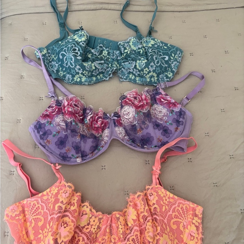 Victoria's Secret Lace Bra Trio - Teal, Purple, Pink